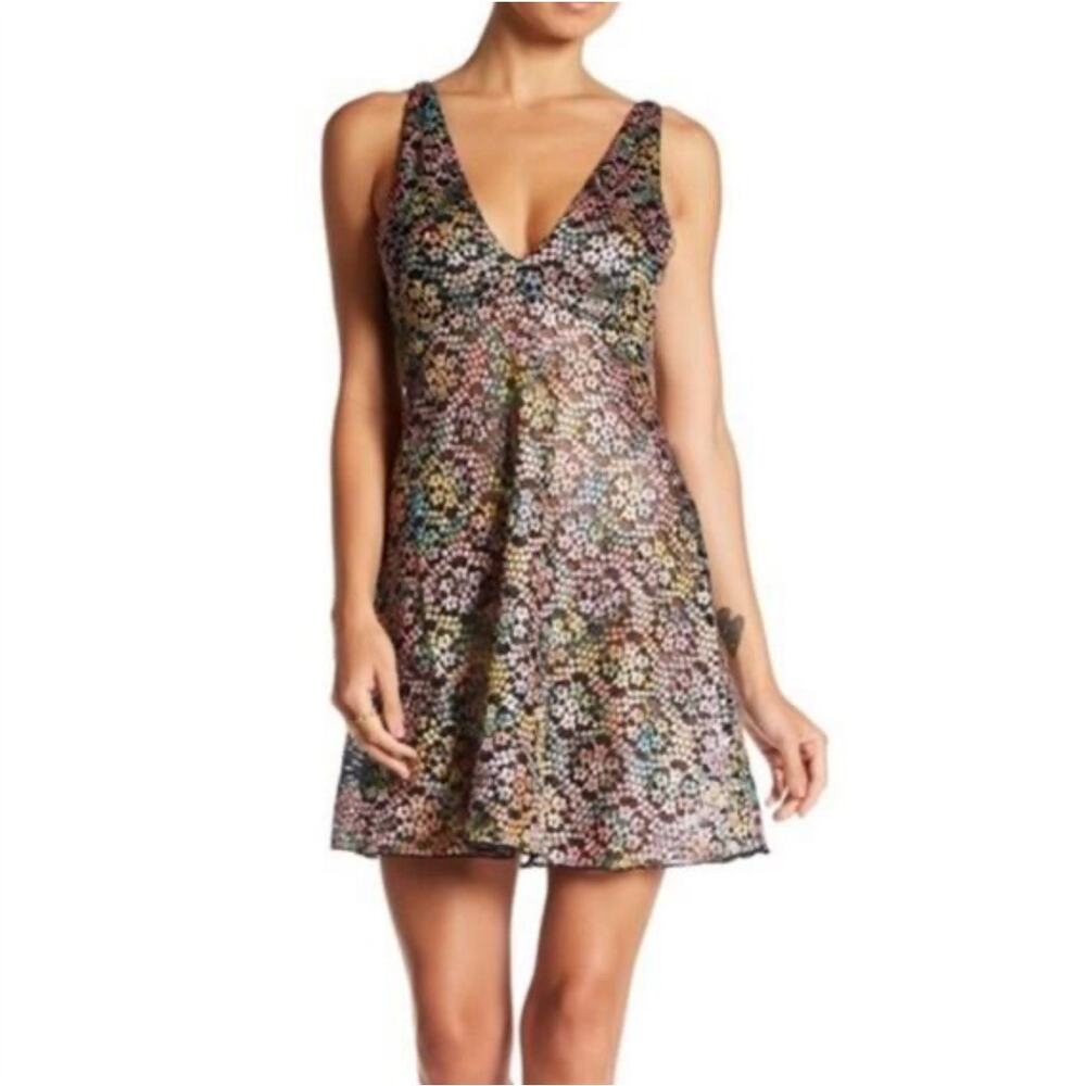 Free Prople Forget Me Not SZ L Floral Metallic Slip Dress